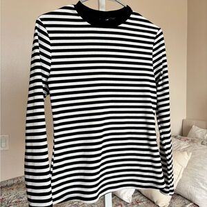 Black and White Striped Fleece Lined Long Sleeve Top